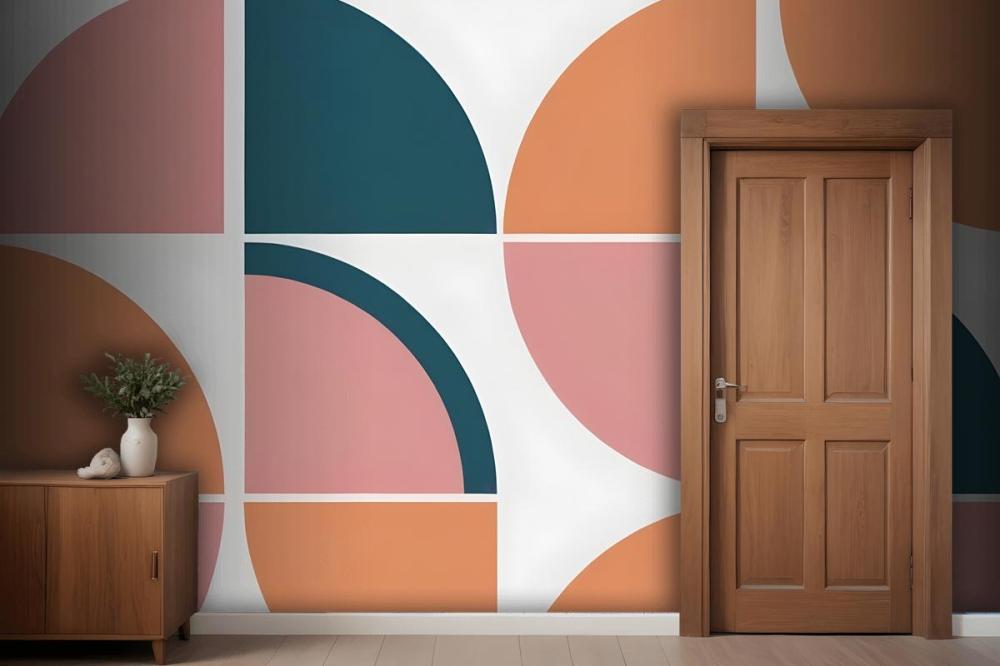 Geometric Abstract Pattern With Various Shapes And Colors Including Teal Peach And Pink Wallpaper Mural