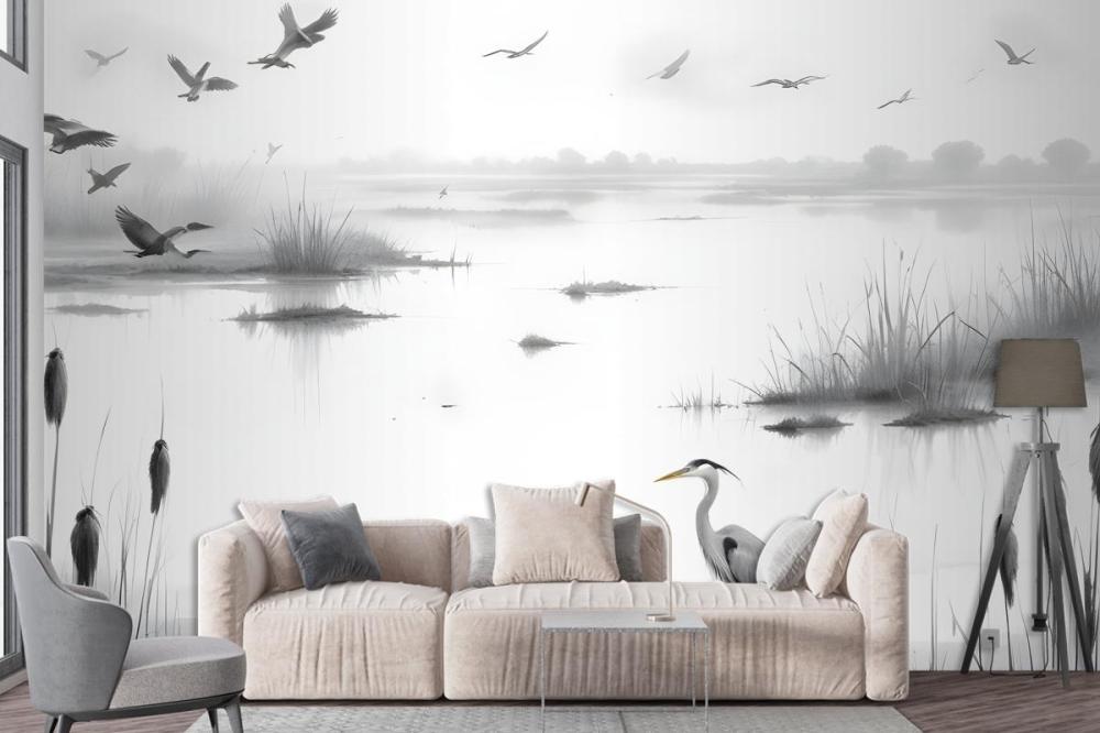 Heron Sketch In Misty Wetlands With Flying Birds Wallpaper Mural