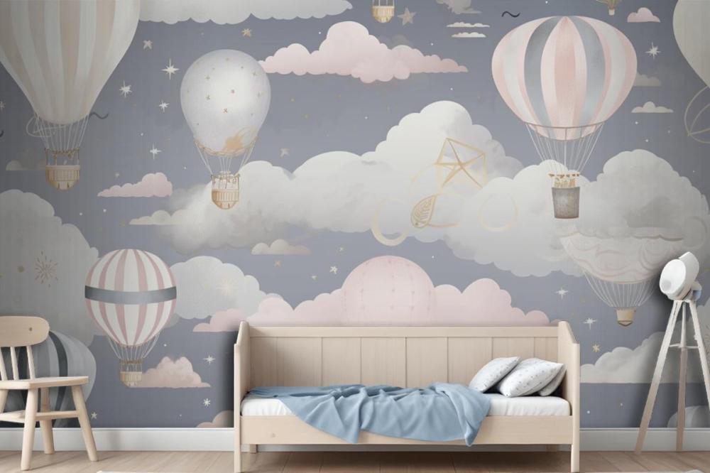 Hot Air Balloons Flying In The Sky With Clouds Wallpaper Mural