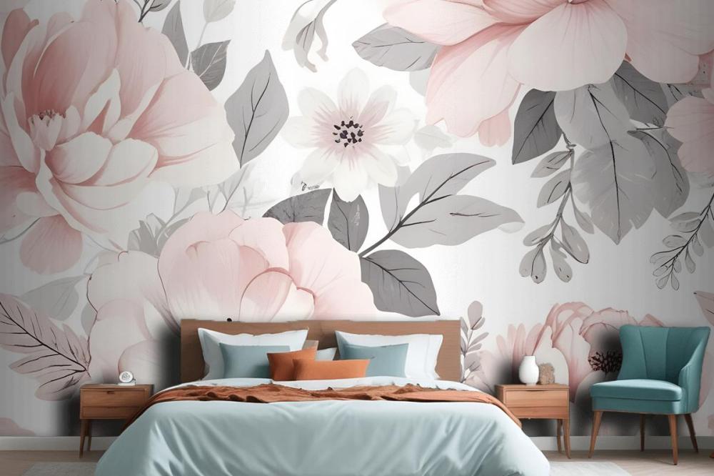 Large Pink And Gray Floral Pattern With Various Wallpaper Mural