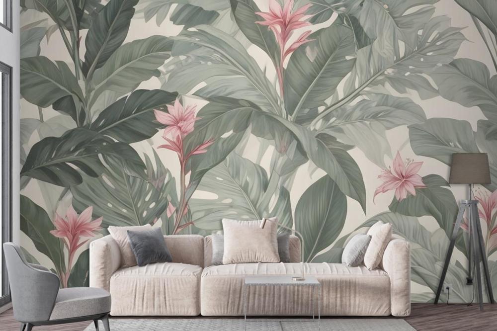 Light Background Large Green Leaves Pink Flowers Tropical Foliage Pattern Wallpaper Mural
