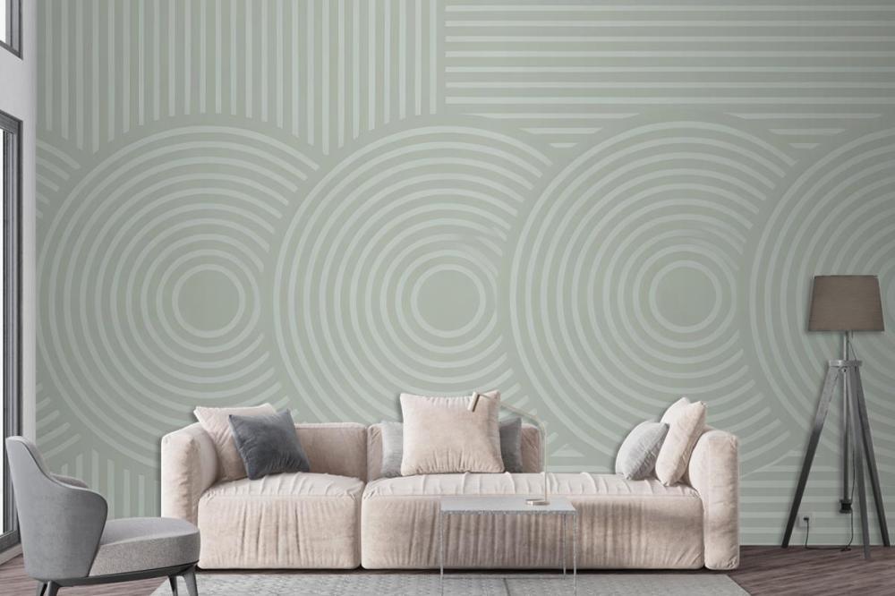 Light Green Background Concentric Circles Vertical Lines Wallpaper Mural