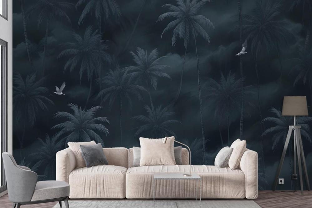 Moody Stormy Sky Dark Tropical Palm Trees Silhouettes Birds Wallpaper Mural