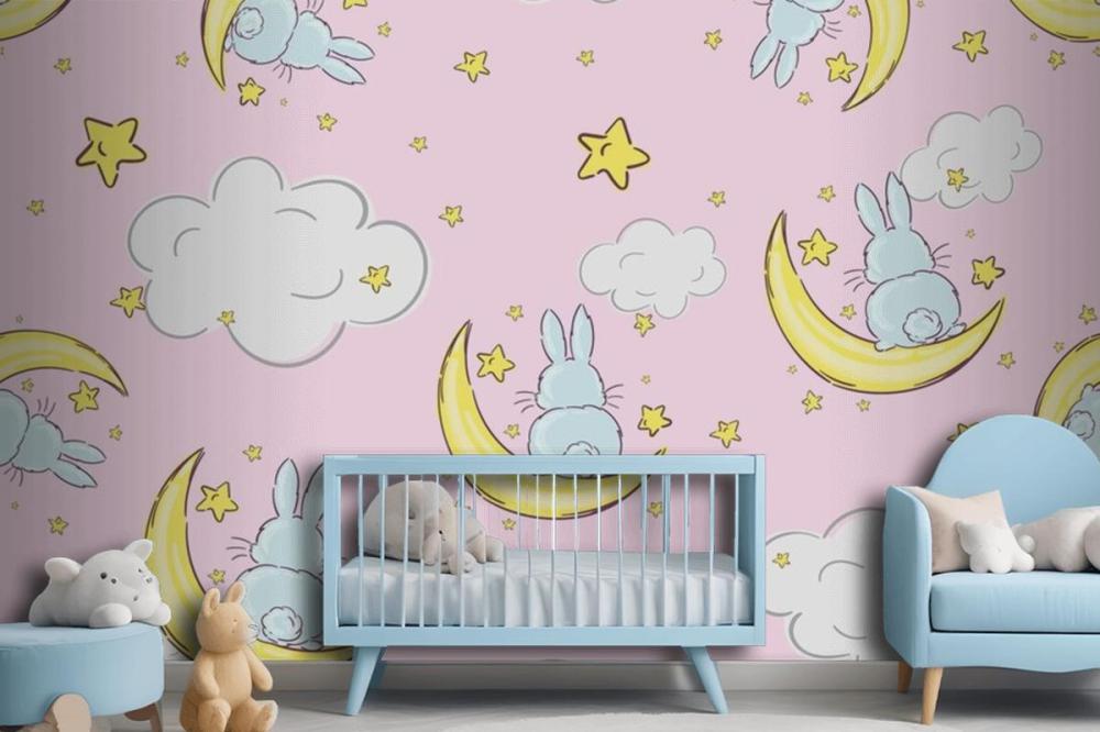 Night Sky Doodle Pattern With Cute Rabbits Sitting On Moons And Stars Seamless Wallpaper Mural