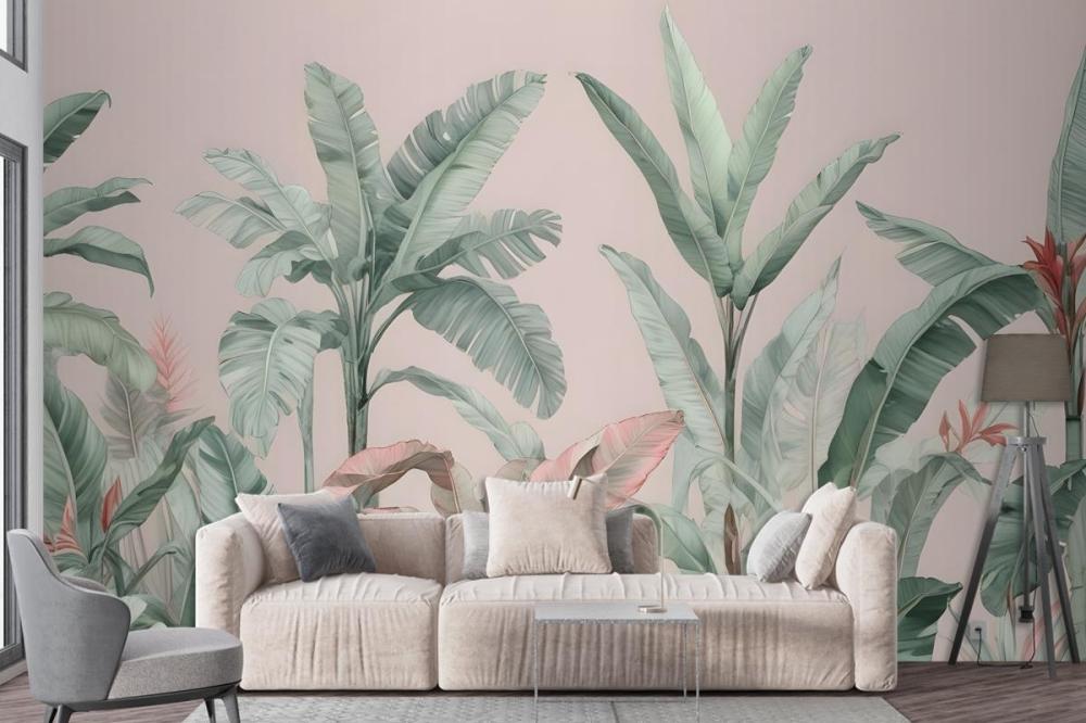 Pastel Pink & Green Vintage Tropical Wallpaper Mural