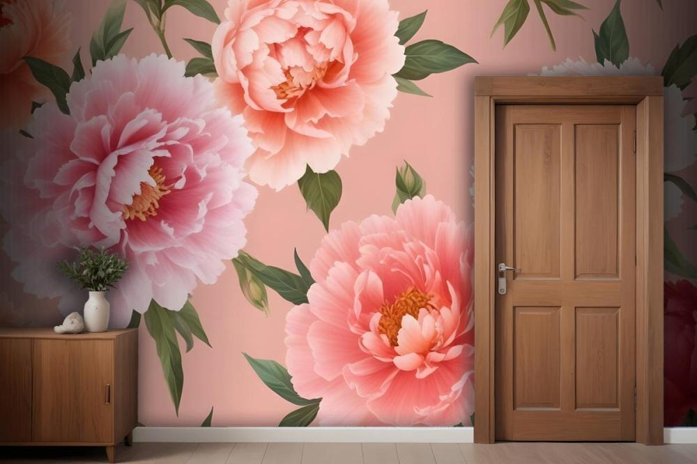 Pink And Peach Peonies With Green Leaves On A Light Pink Wallpaper Mural