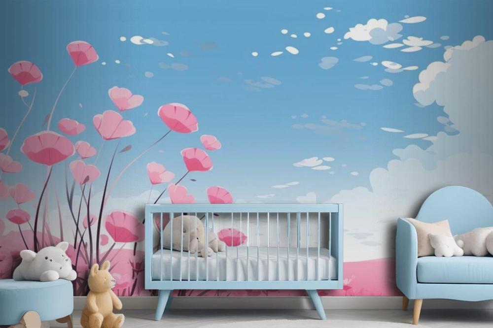 Pink Hearts In The Sky With Flowers And Clouds Wallpaper Mural