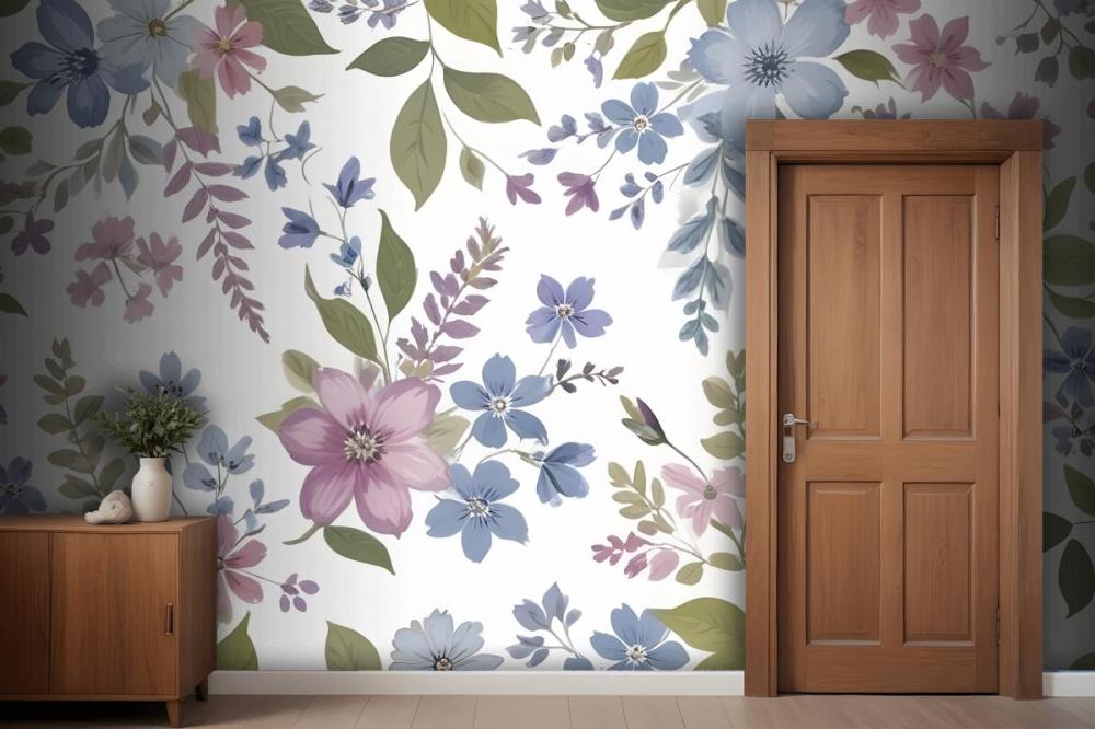 Purple And Blue Watercolor Flower Wallpaper Mural
