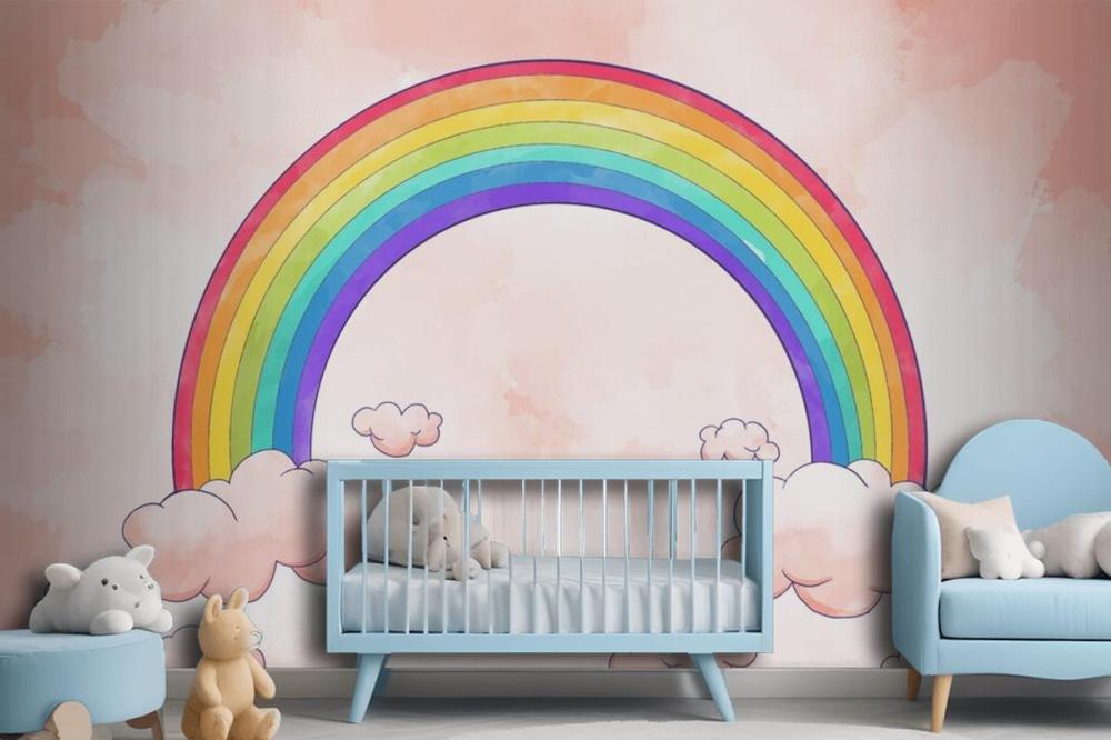 Rainbow With Clouds Watercolor Style Wallpaper Mural