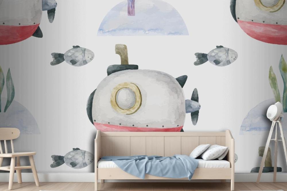 Seamless Background With Red Submarine And Underwater Wallpaper Mural