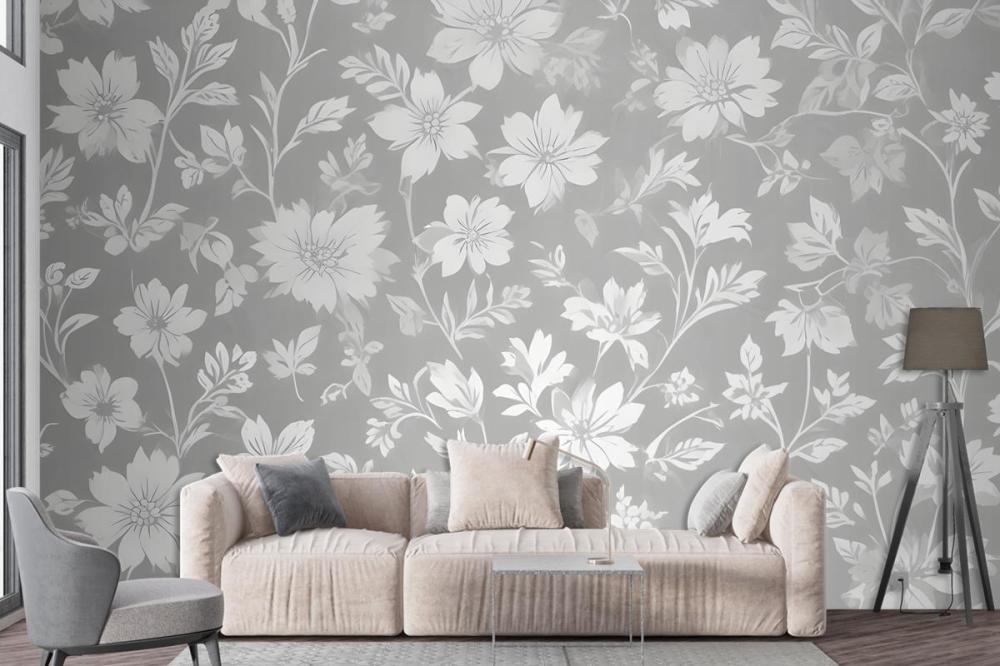 Seamless Pattern Of White Floral Silhouettes On A Light Gray Wallpaper Mural