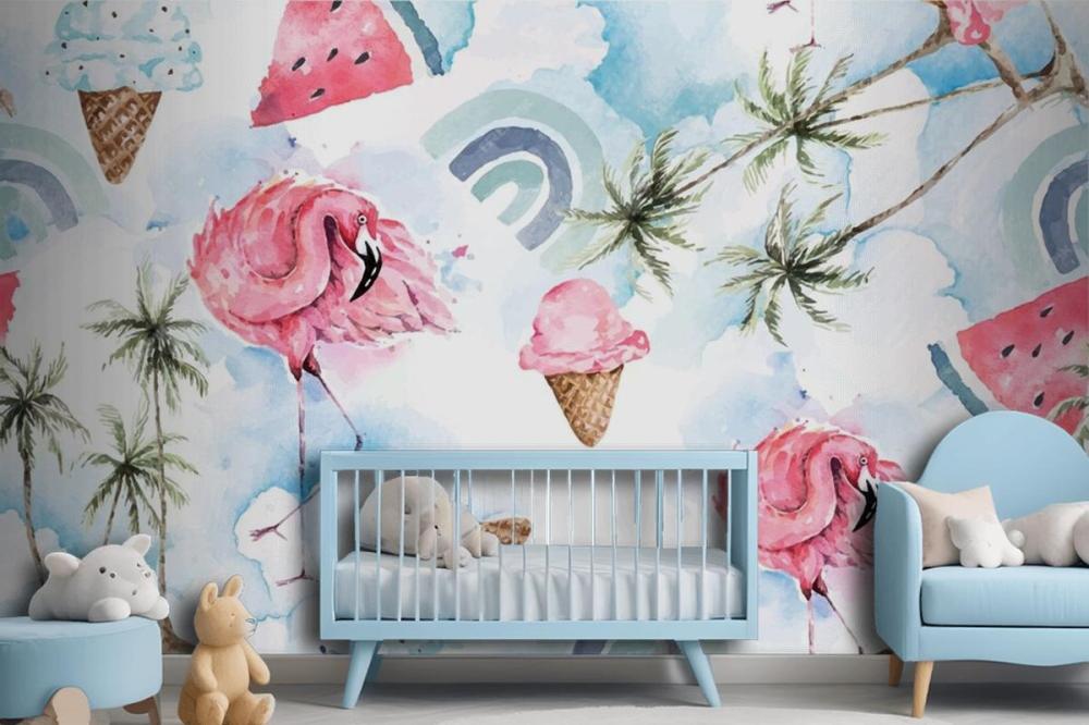 Seamless Pattern Palm Tree And Flamingo Wallpaper Mural