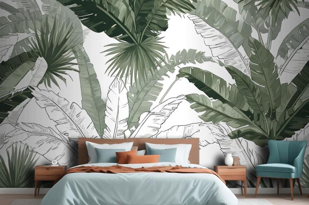 Seamless Pattern With Large Tropical Leaf Bedroom Wallpaper Mural