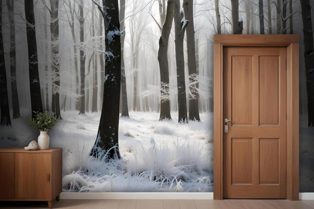 Snowy Forest With Tall Bare Trees And A Layer Of Frost Covering The Ground Wallpaper Mural