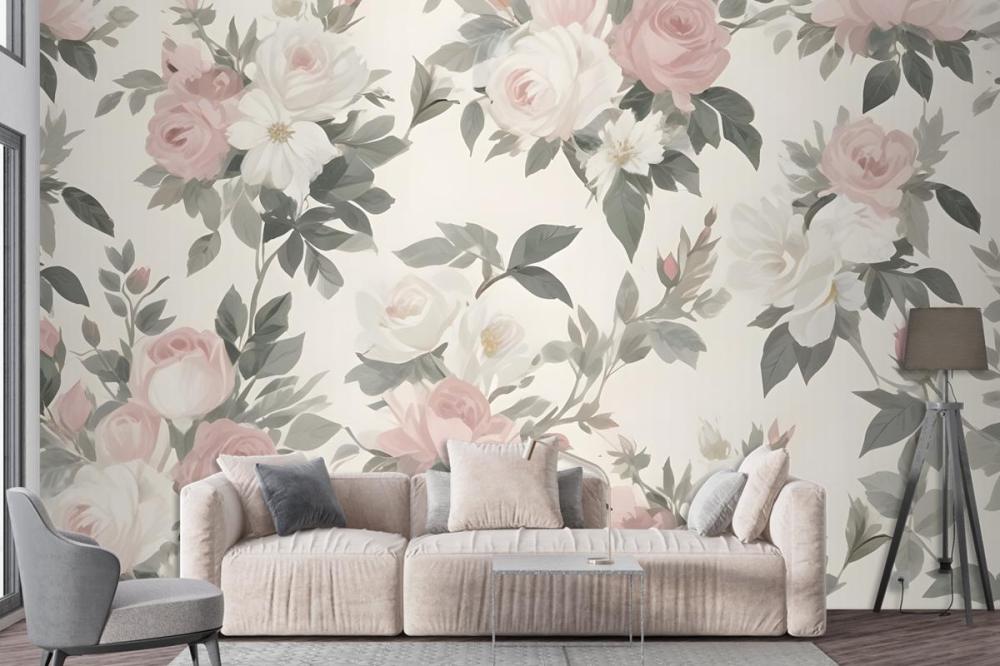 Soft Muted Floral Pattern Large Pink White Flowers Rose Green Leaves Wallpaper Mural