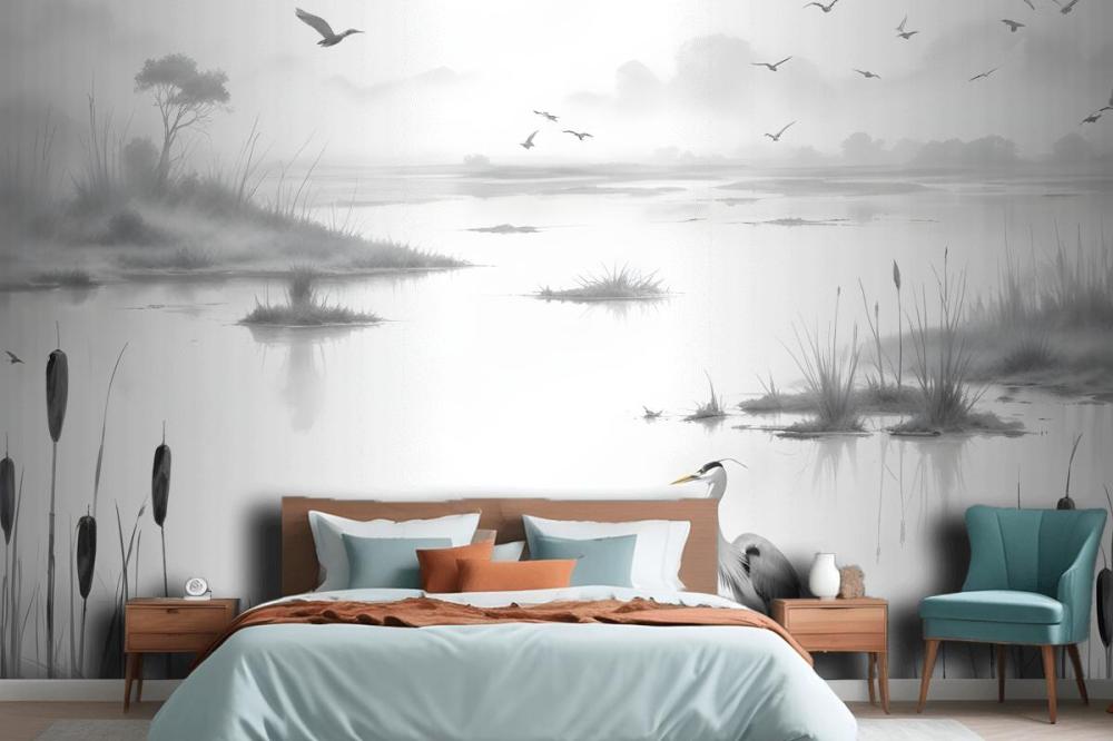 Traditional Chinese Black & White Ink Lake Wallpaper Mural
