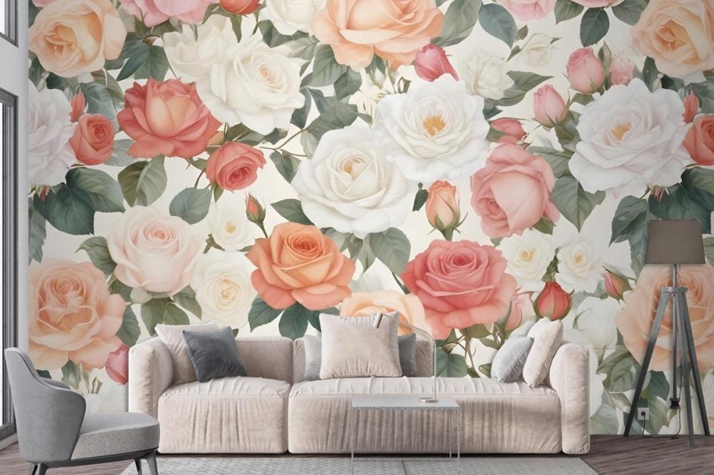 Vibrant Floral Pattern Featuring Various Types Of Pink, White, And Peach Roses Wallpaper Mural