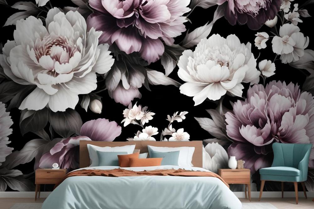 Vintage Dark Large Peony Flower  Bedroom Wallpaper Mural
