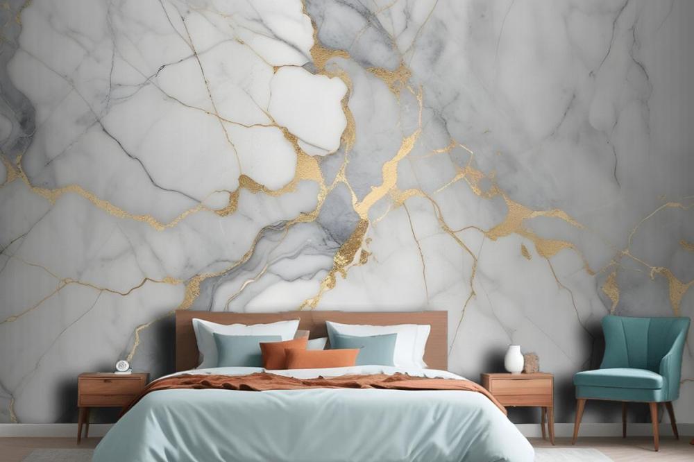 White And Gray Marble Texture With Golden Veins Wallpaper Mural