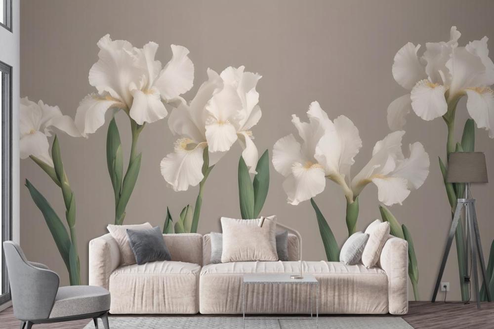 White Iris Flowers With Green Stems Against A Neutral Wallpaper Mural