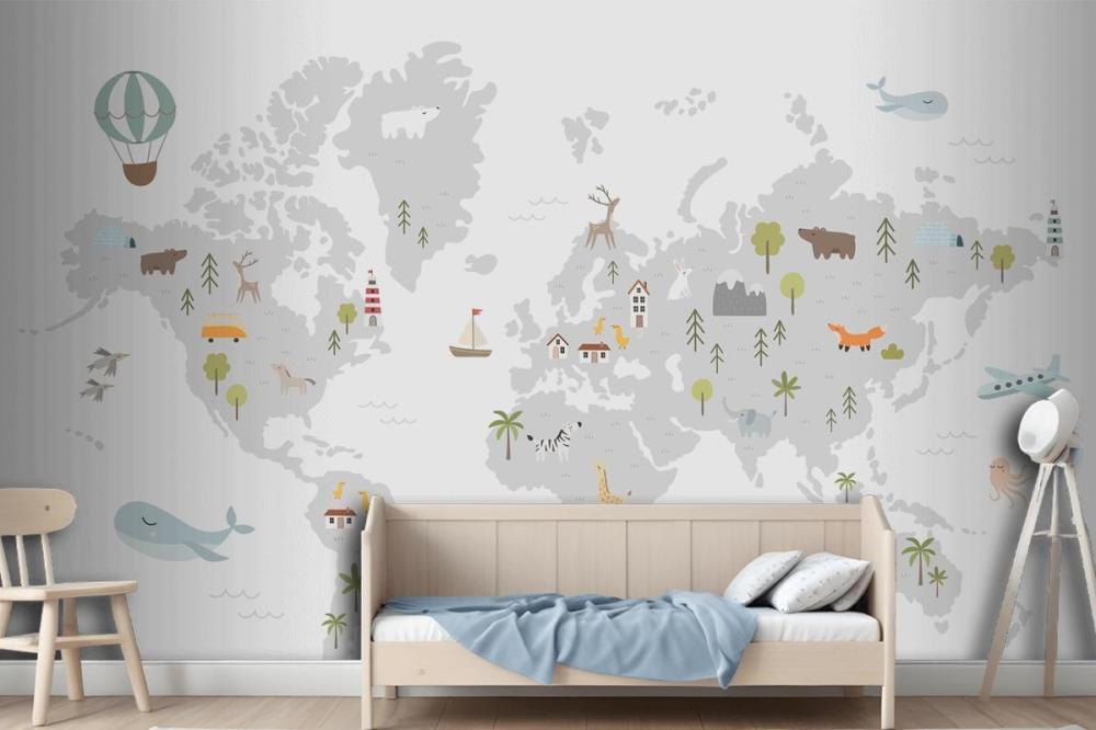 World Map With Animals Houses Nature Elements Wallpaper Mural