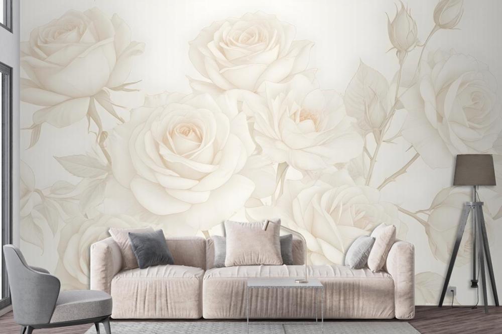 Yellow Large Illustrated Roses Wallpaper Mural