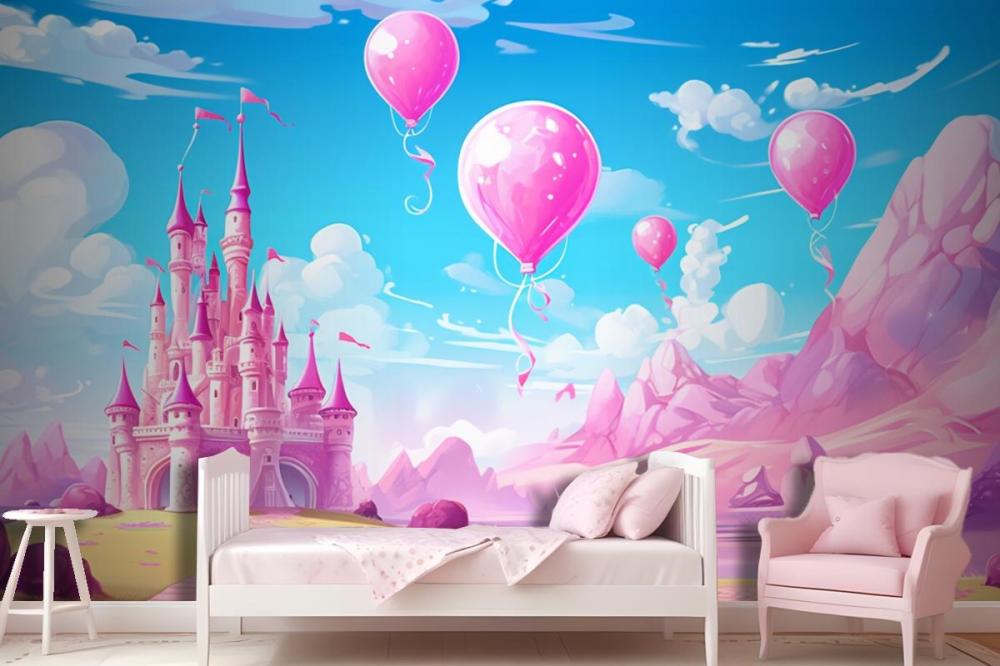 A Castle With Balloons And A Castle In The Background Wallpaper Mural