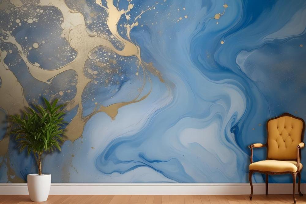 Abstract Blue And Gold Fluid Art Painting Bedroom Wallpaper Mural