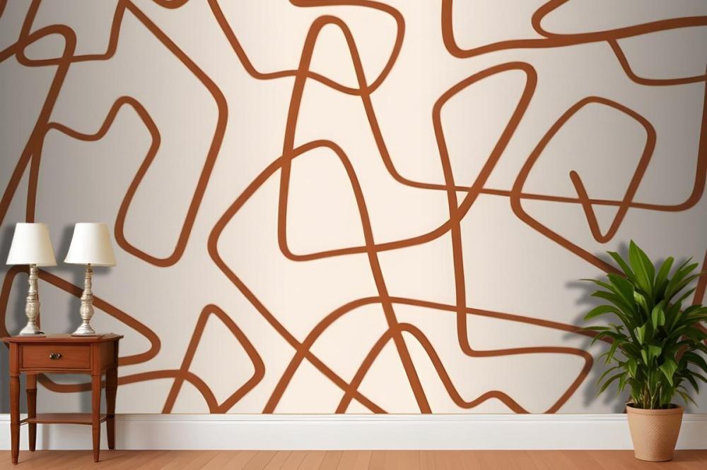 Abstract Pattern Of Organic, Curving Lines In A Warm Brown Color On A Light Wallpaper Mural