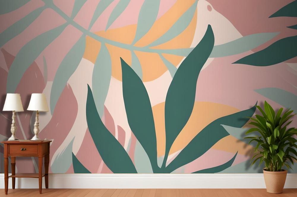 Abstract Tropical Leaves And Shapes In Pastel Colors On A Pink Wallpaper Mural