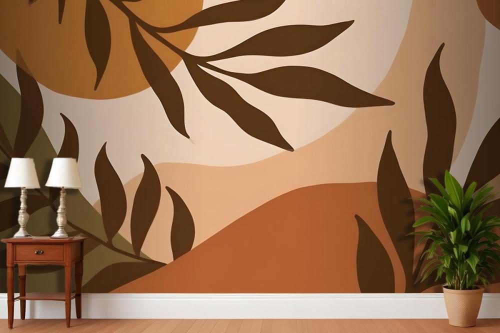 Autumn Leaves In Warm Colors Against A Beige Wallpaper Mural