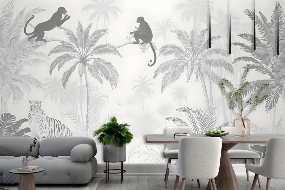 Black And White Jungle Palm Trees Flowers Animal Silhouettes Wallpaper Mural