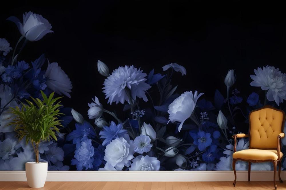 Blue Delft Dark Floral Art Painting Wallpaper Mural