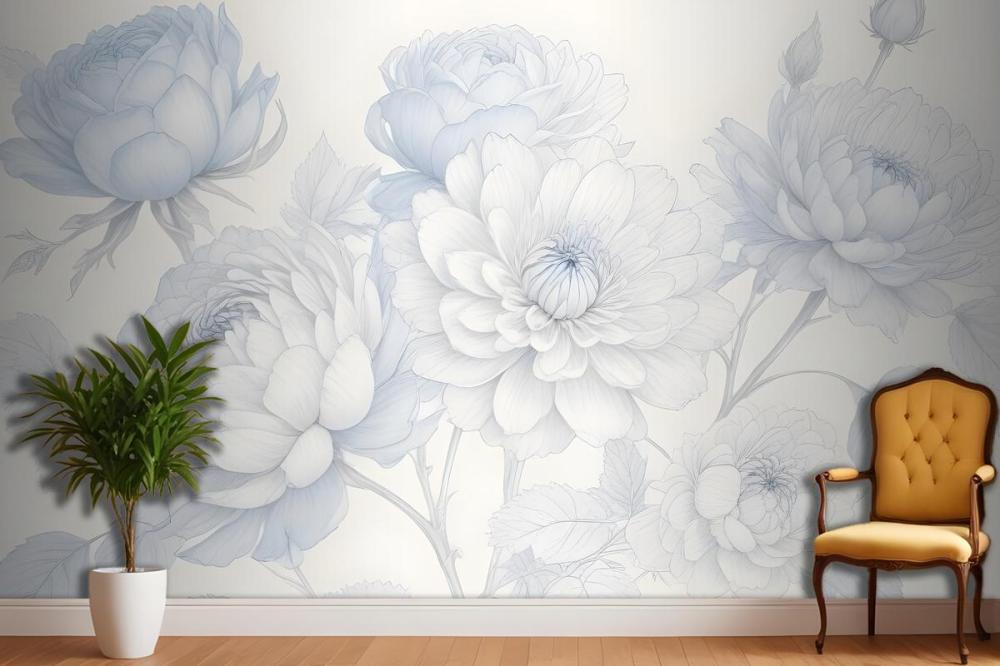 Blue Large Illustrated Roses Wallpaper Mural