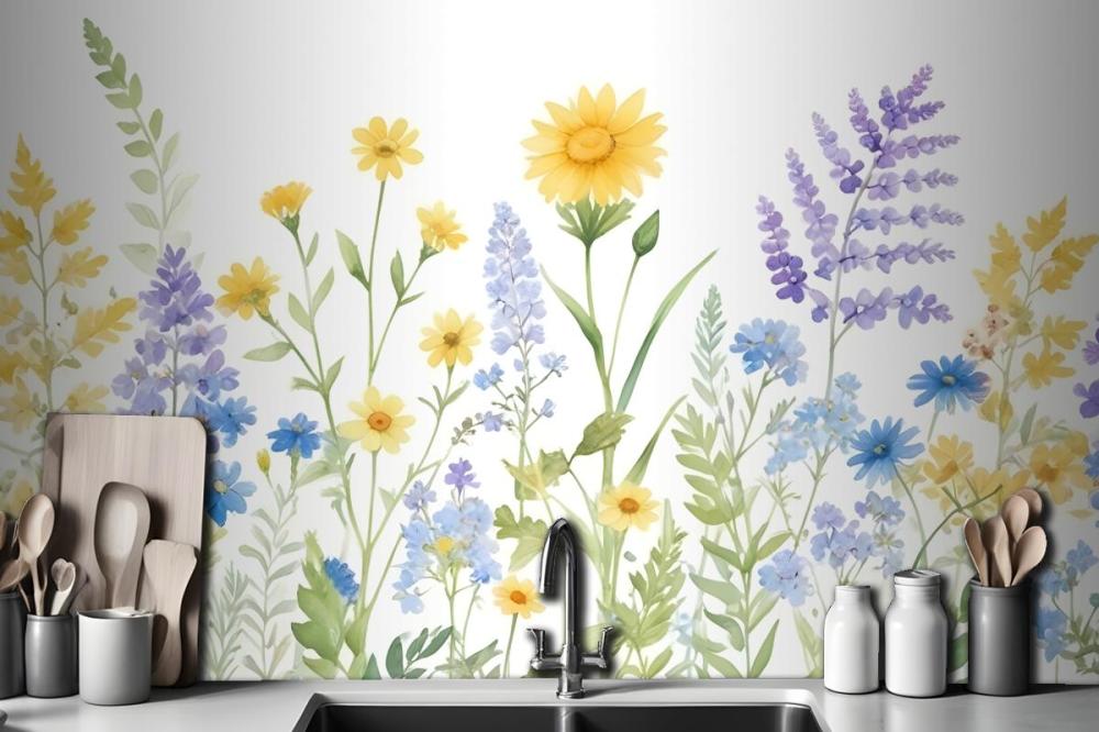 Bright Lilac & Green Watercolor Wildflower Wallpaper Mural