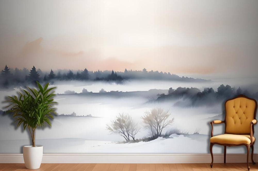Calm Watercolor Sky And Landscape Wallpaper Mural