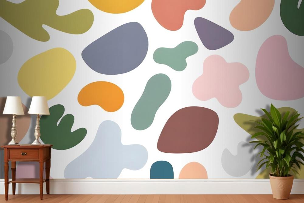 Colorful Abstract Shapes In Various Pastel Tones Including Circles Arranged In A Random Pattern On A White Wallpaper Mural