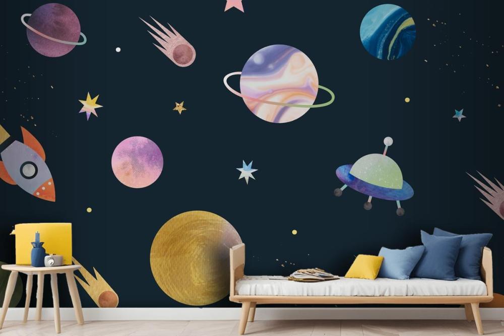 Colorful Galaxy Watercolor Doodle On Black Wallpaper Mural