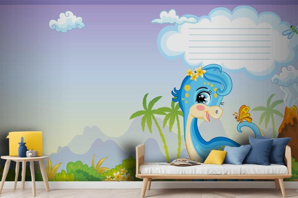 Cover For Notebook With Cute Dinosaur Blue Diplodocus Wallpaper Mural