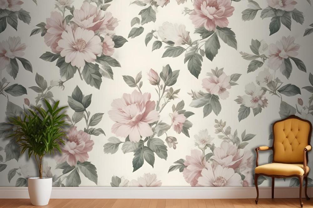 Cream & Pink Rose Vintage Floral Wallpaper Mural