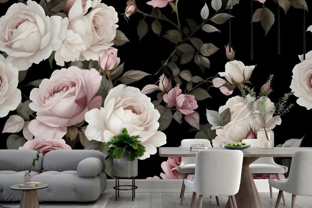 Dark Background Large Pink White Roses Green Leaves Wallpaper Mural
