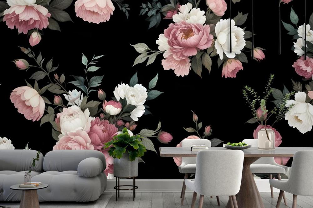 Dark Background Large Pink White Roses Peonies Other Flowers Wallpaper Mural