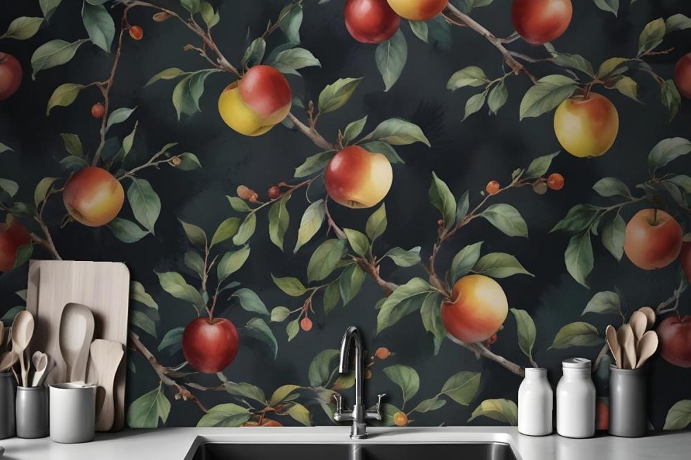 Dark Green And Navy Vintage Botanical Fruit Repeat Pattern Wallpaper