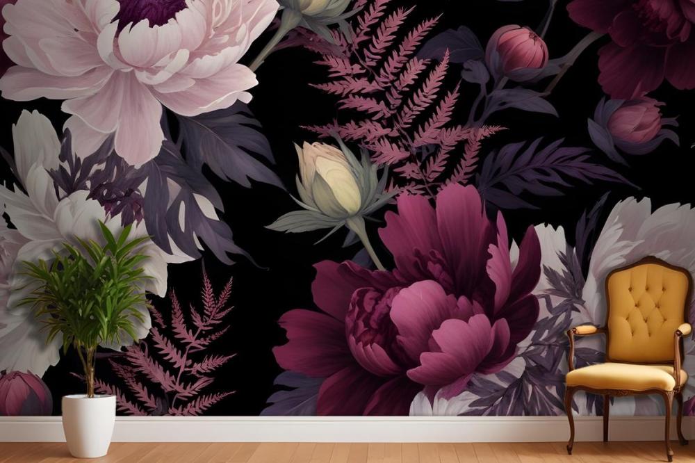 Dark Watercolor Colorful Peony Floral Wallpaper Mural
