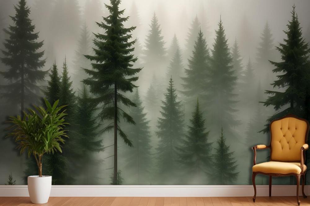 Dense Forest Of Tall Evergreen Trees In A Misty Foggy Environment Wallpaper Mural