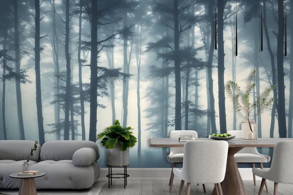 Dense Misty Forest With Tall Slender Trees And A Foggy Atmosphere Wallpaper Mural