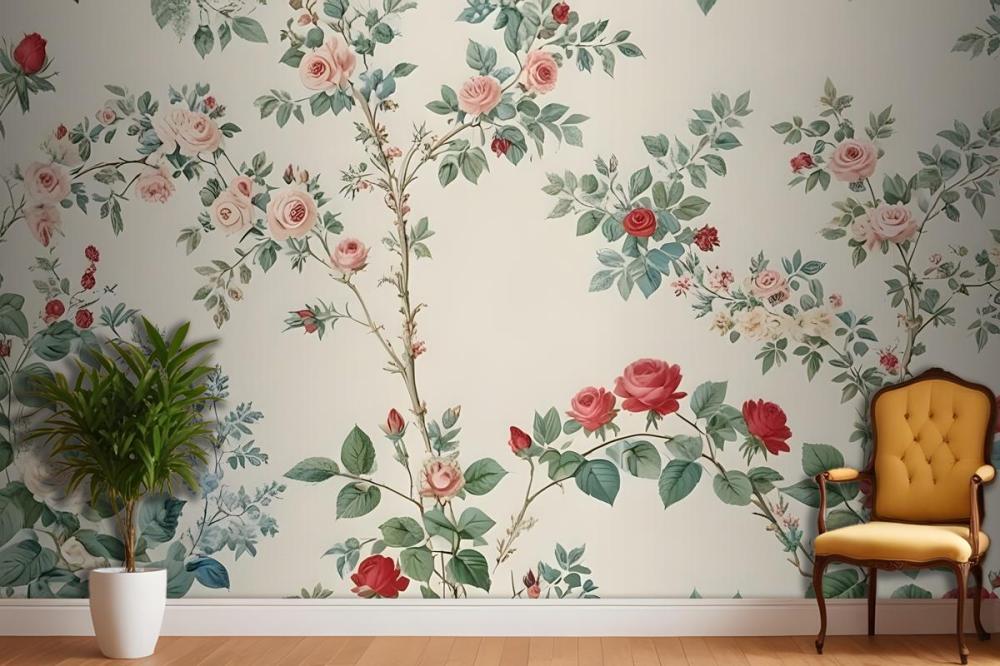 Detailed Floral Wallpaper Pattern Featuring Various Flowers And Plants Mural
