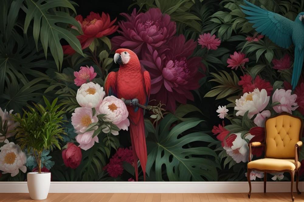 Digital Painting A Vibrant Tropical Floral Arrange Wallpaper Mural