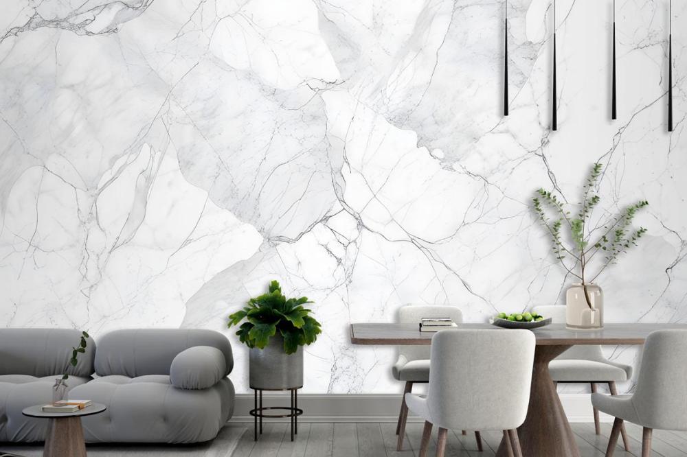 Elegant White Marble Texture With Intricate Gray Veining Wallpaper Mural