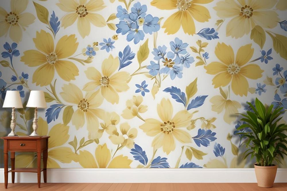 Floral Pattern With Large Yellow Flowers And Smaller Blue Flowers On A White Wallpaper Mural